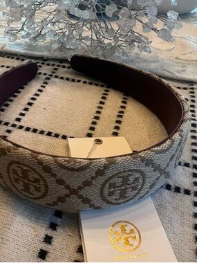 Tory Burch Beige and Brown Logo Jacquard Headband